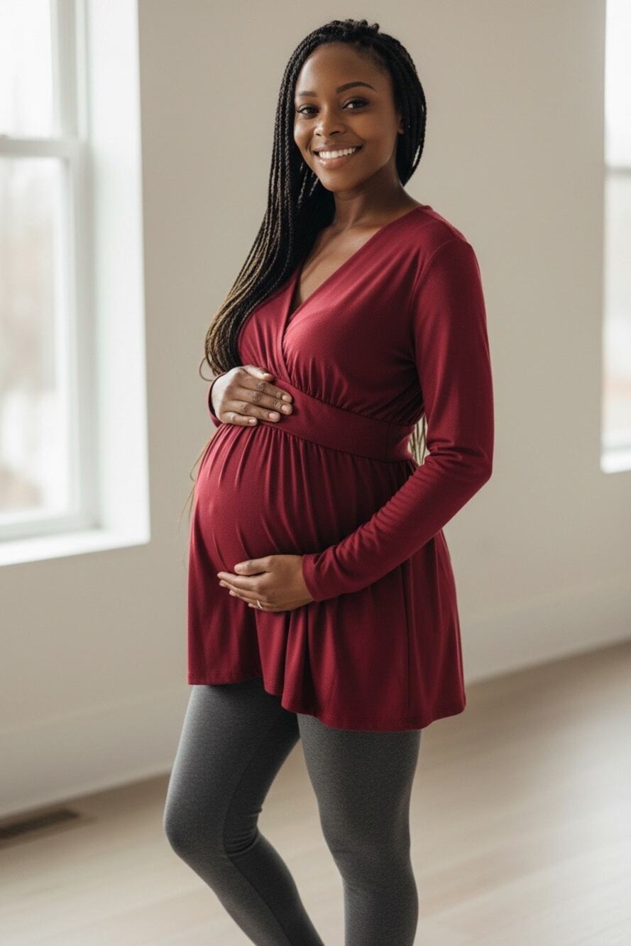 Oh Baby Motherhood Maternity Tunic Top Womens M Burgundy Wrap V Neck Long Sleeve